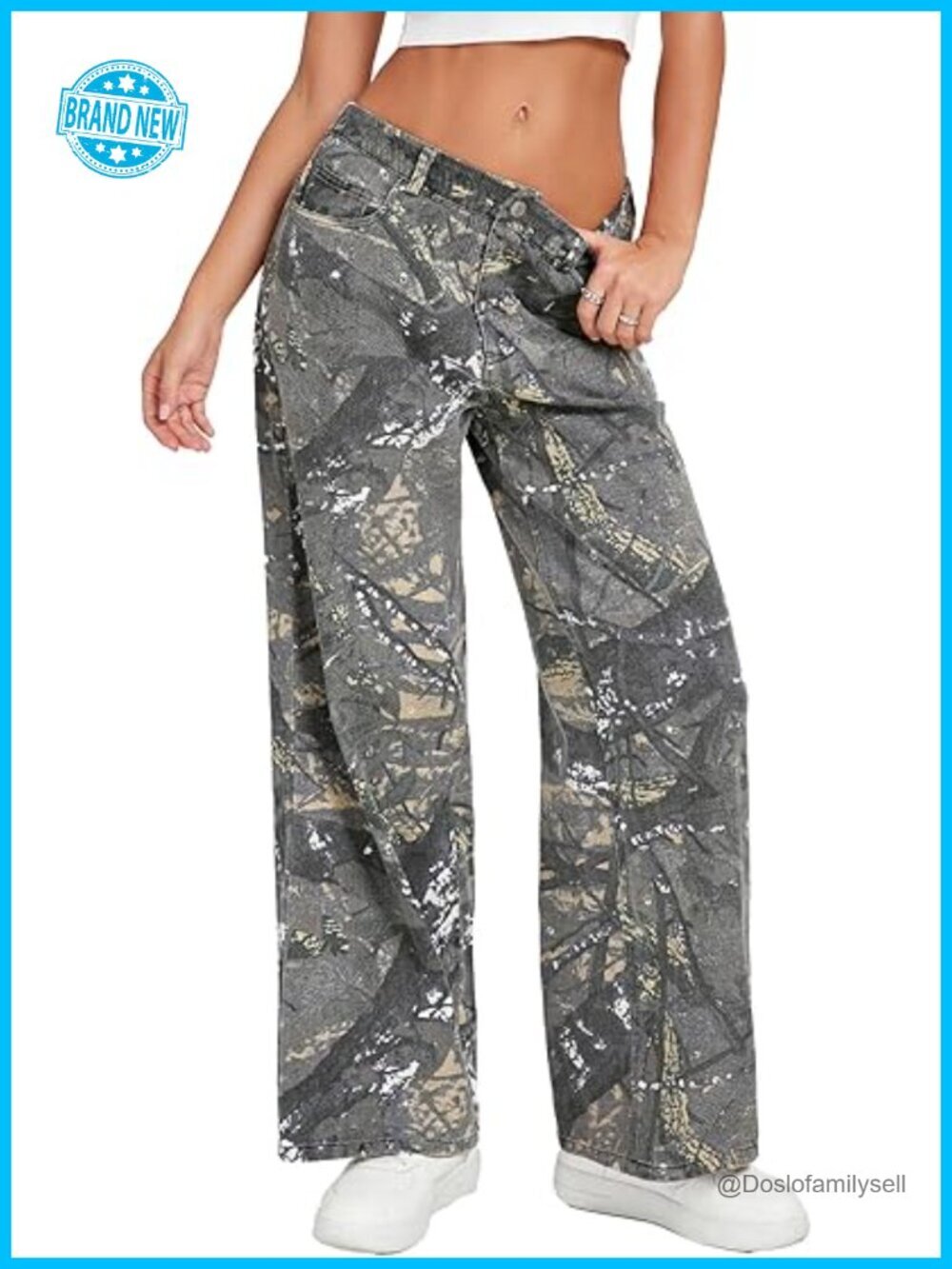 Baggy Camo Pants Women Mid Rise Wide Leg Denim Elastic Waist Army Fatigue